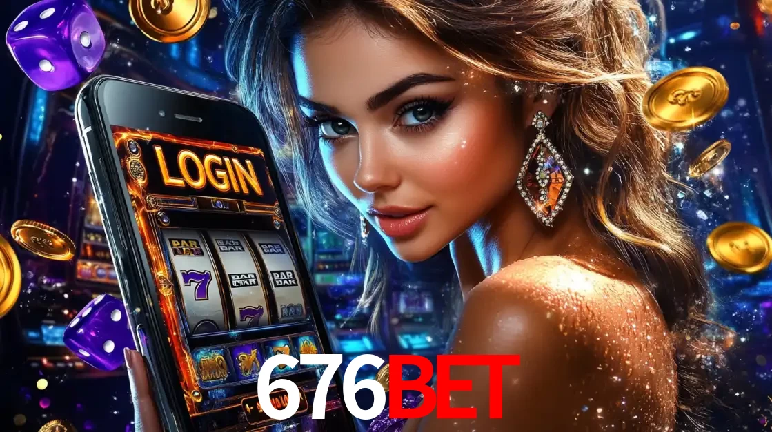 Mulher glamorosa segurando um smartphone com a tela de login para os jogos de caça-níqueis do cassino online 676bet, com moedas de ouro e dados ao redor.