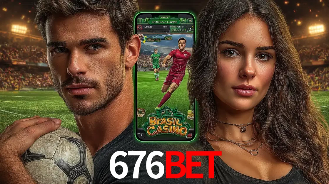 Homem segurando uma bola de futebol e uma mulher ao lado de um smartphone exibindo o jogo de apostas esportivas da 676bet. Faça seu palpite no cassino online.